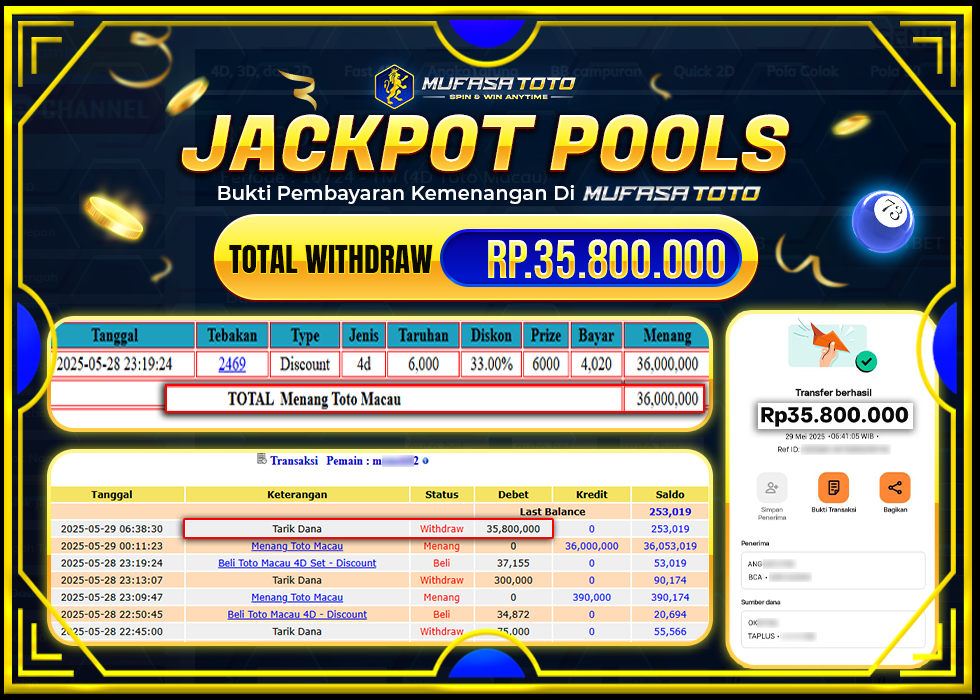 MUFASATOTO JACKPOT POOL TOTO MACAU Rp.35.800.000LUNAS